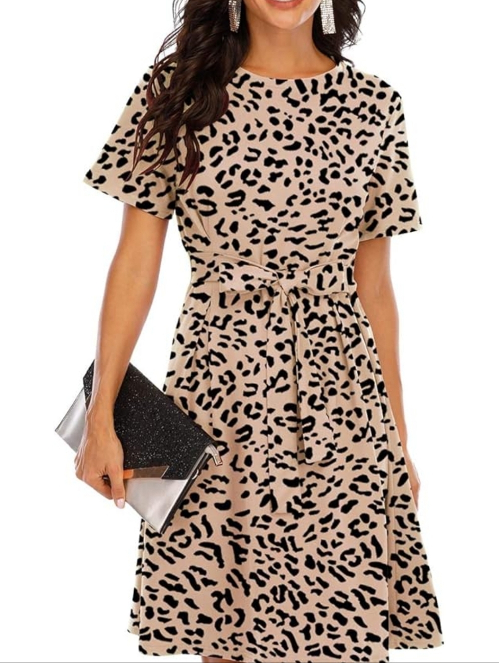 Beige Leopard Print Short Sleeve Tie-Waist Dress